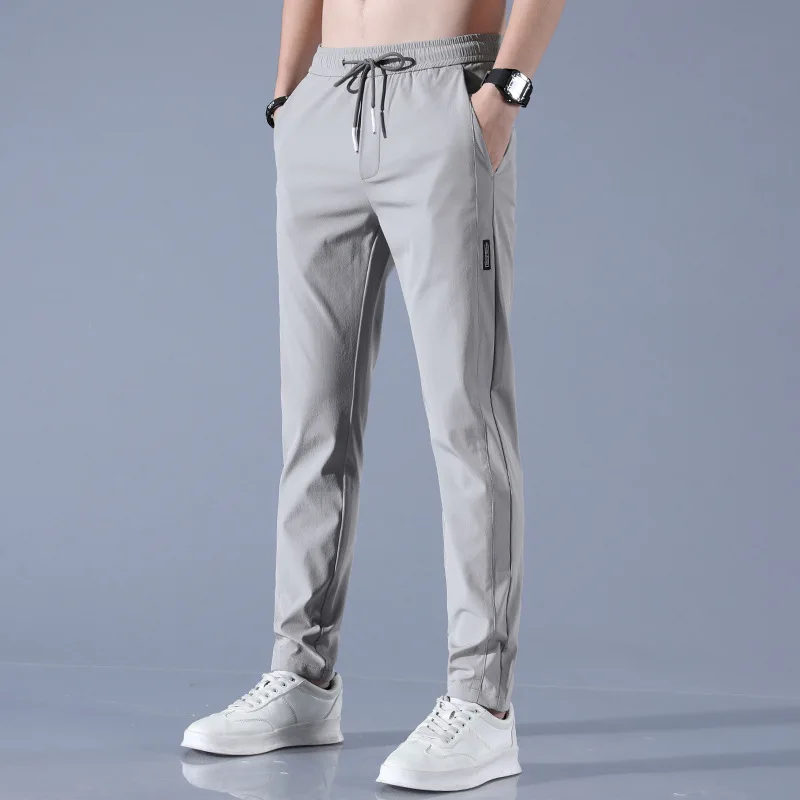 Ice Shreds Solid Color Men Summer Korean Large Size Slim Straight Cylinder Elastic Waist Casual Breathable All-match Trousers