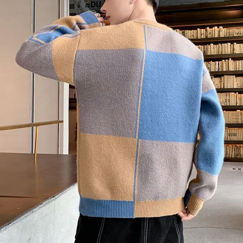 Autumn Winter Round Neck Patchwork Loose Casual Jumpers Men Knitting Pullovers Homme All-match Fashion Bottoming Sweater Top