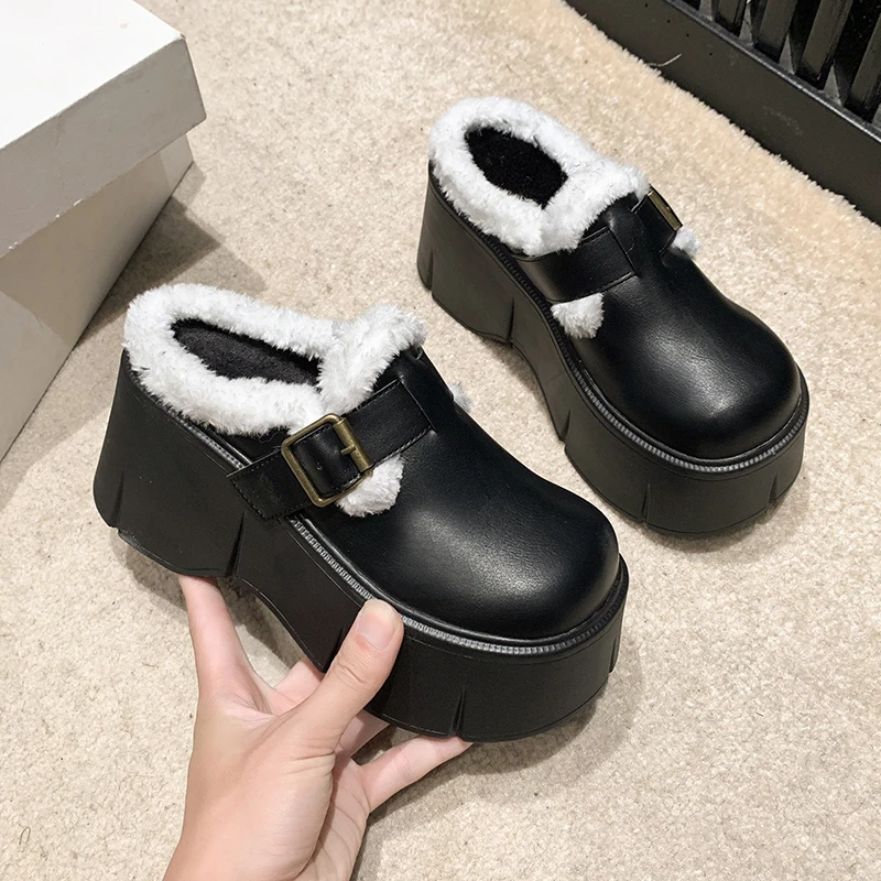 

Slippers Casual Med Loafers High-Heeled Shoes Lady On A Wedge Cover Toe Slides Platform Fur Flip Flops Slipers Women Winter Foot