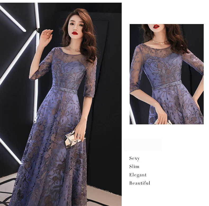 evening dresses with sleeves Lace Evening Dresses Long 2021 Elegant O-neck A-line Floor-Length Formal Evening Gown With Sleeves plus size evening dresses