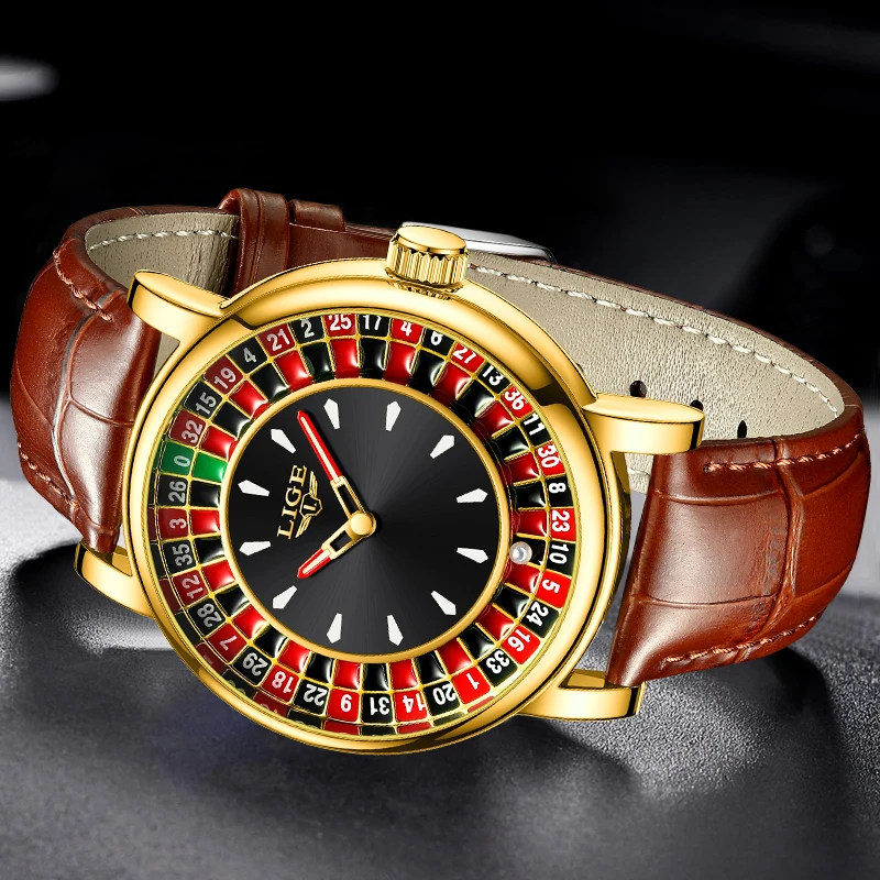 LIGE New Fashion Brown Leather Watch For Men Top Brand Luxury Waterproof Arabic Numeral Rotating Game Dial Quartz Men's Watches