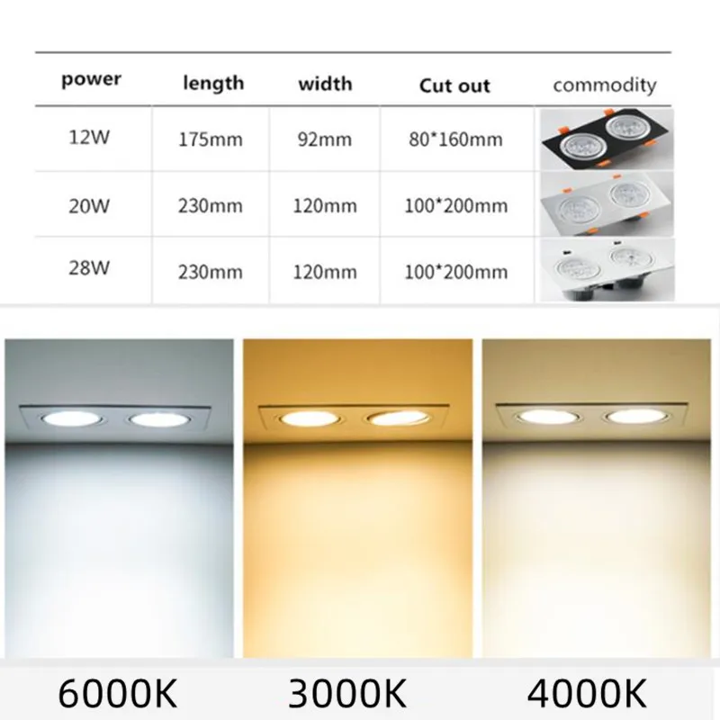 디 밍이 가능한 광장 높은 전원 Recessed Downlights LED 천장 전구 스포트 라이트 12W/20W/28W AC110 220V 더블 헤드 룸 램프