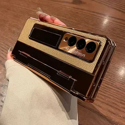 Luxury Leather One - Piece Plating Stand Shockproof Cover with Screen Protector - Gold - Galaxy Z Fold 3 (Gold)
