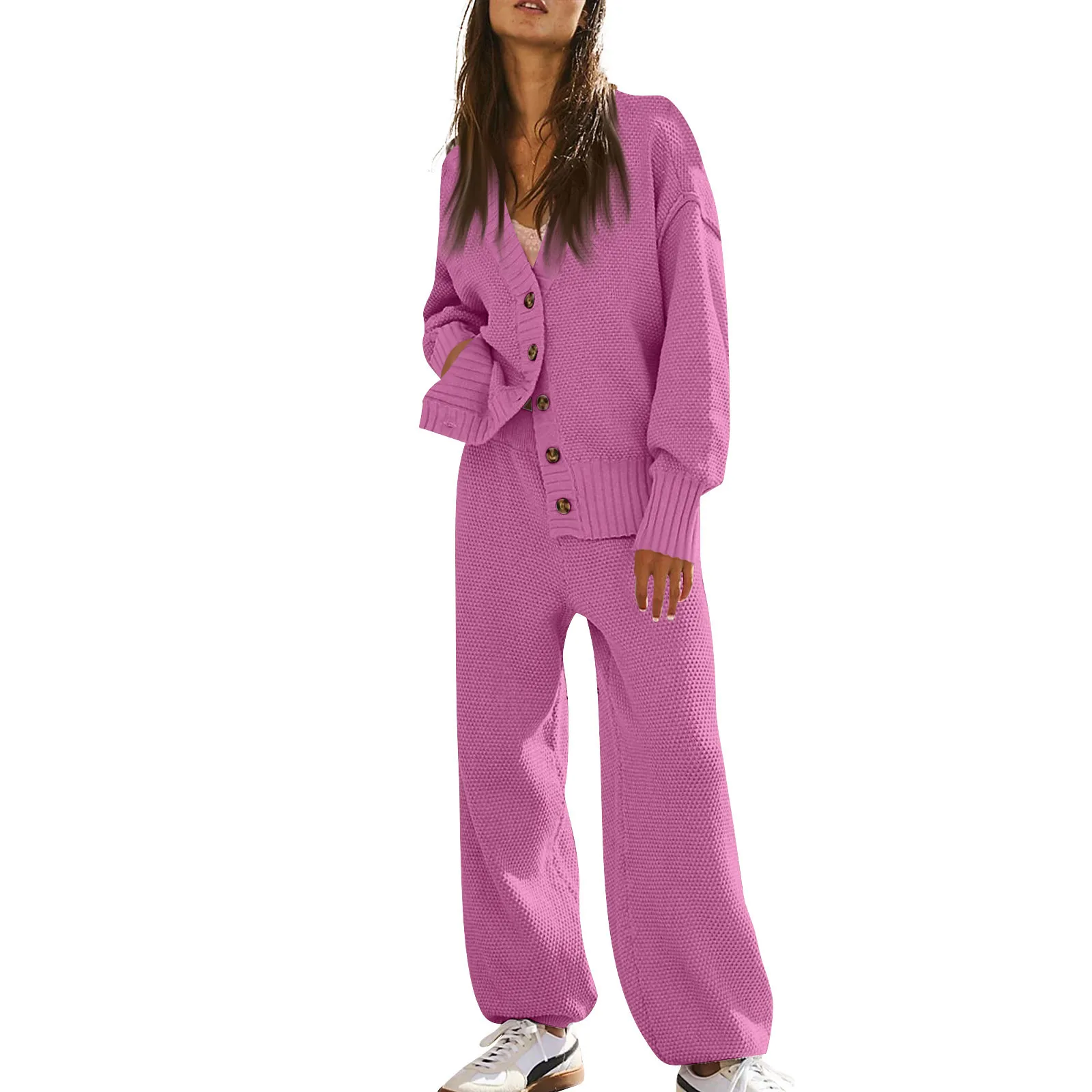 

Women's Two Piece Outfits Sweater Sets Oversized Knit Cardigan And High Waisted Baggy Pants Matching Sets women's clothing