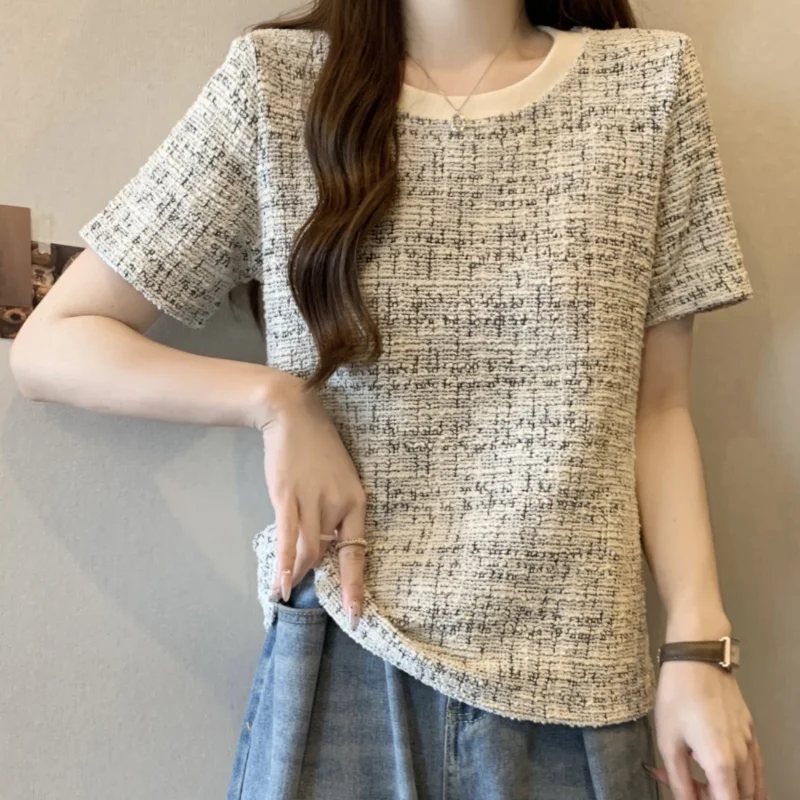 

LKSK Korean Version Design Small Fragrant Wind Woven Plaid Short Sleeved T-shirt for Women's Summer Slimming Versatile Top Trend
