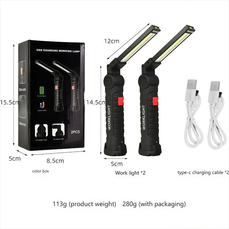 Portable COB LED Work Light - USB Rechargeable Magnetic Flashlight with Hanging Hook, 360° Adjustable Camping & Emergency Torch