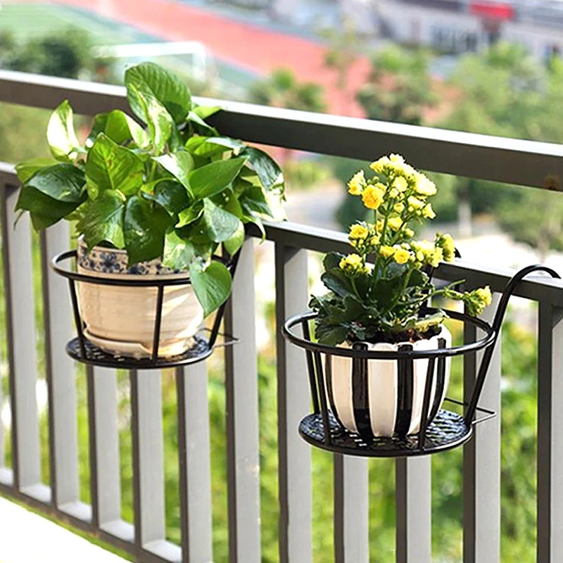 Cestas colgantes Arte de hierro para balcón, maceta, valla de barandilla para plantas, ventana al aire libre, soporte para bonsái, estante decoración del jardín del hogar| | - AliExpress