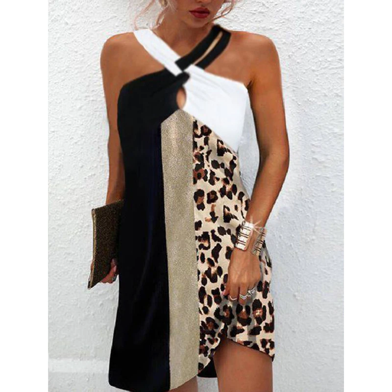 Sexy Halter Neck Leopard Patchwork Printing Mini Dress Sleeveless Beach Casual Summer Dresses Woman 2022 Oversized Loose Tunics 3