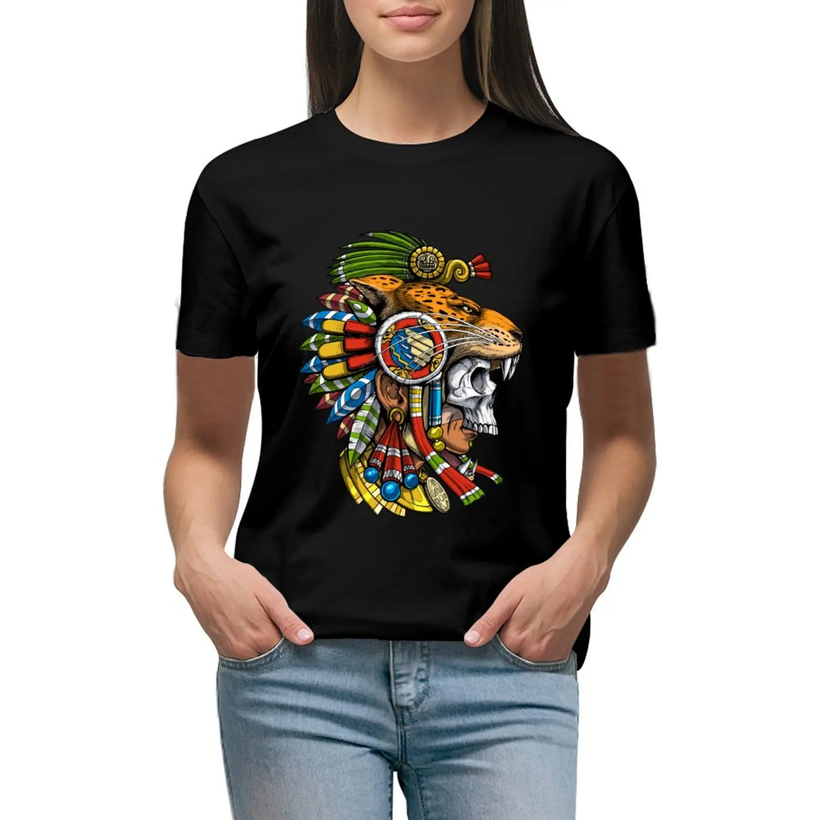 

Aztec Jaguar Skull Mask T-shirt female aesthetic clothes tees oversized t shirts for Women