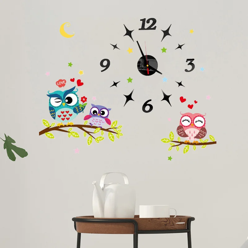 2022 Children'S Room 3D Diy Wall Clock Modern Home Decoration Owl Art Sticker Decal Acrylic Quartz Watch Living Wall Clocks