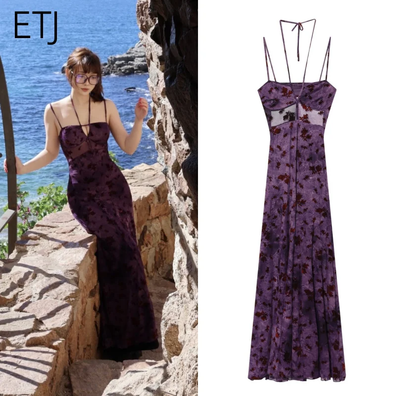 ETJ Damen Lila Blumen Besticktes Maxikleid Transparentes Mesh Rückenfreies Trägerkleid mit V-Ausschnitt Langes Sommer-Abendkleid 2026