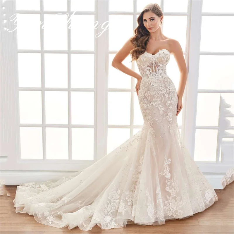 beach sweetheart wedding dress strapless slit side chiffon sexy backless lace applique bridal gown sweep train vestido de noiva Yunshang Luxury Wedding Dress Women Mermaid 2024 Open Back Sweetheart Strapless Lace Bridal Gown Sweep Train Vestidos De Novia