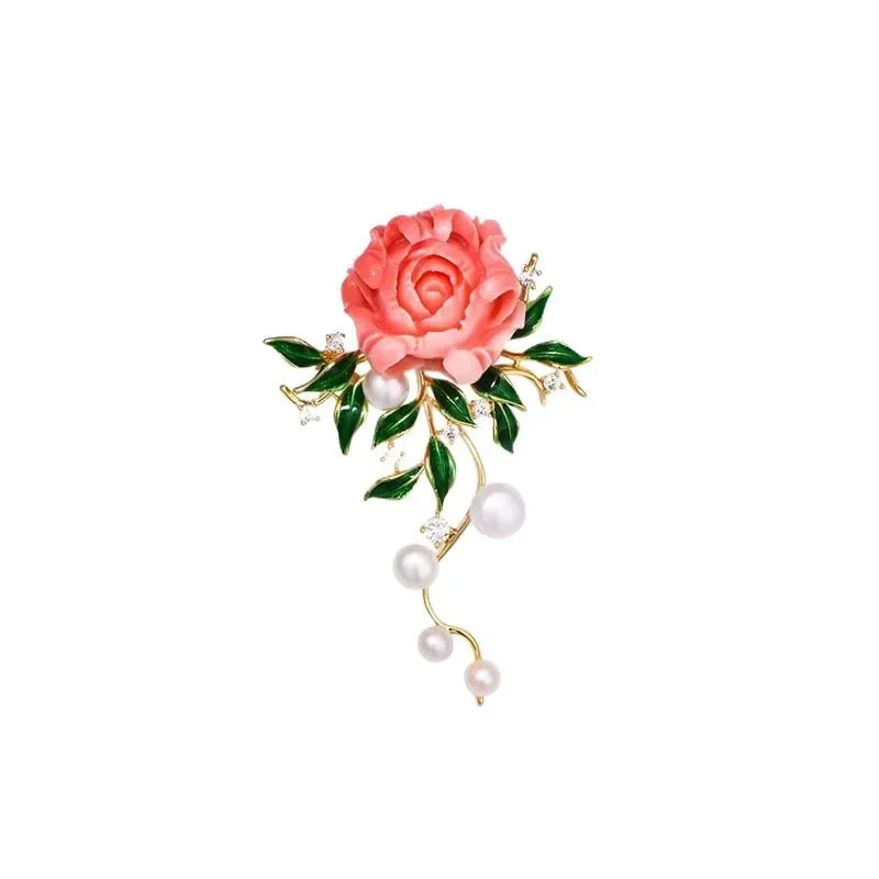 Red Peony Flower Brooch Pin - Pearl Accent Flower Brooch For Women's Clothing, Hats & Bags