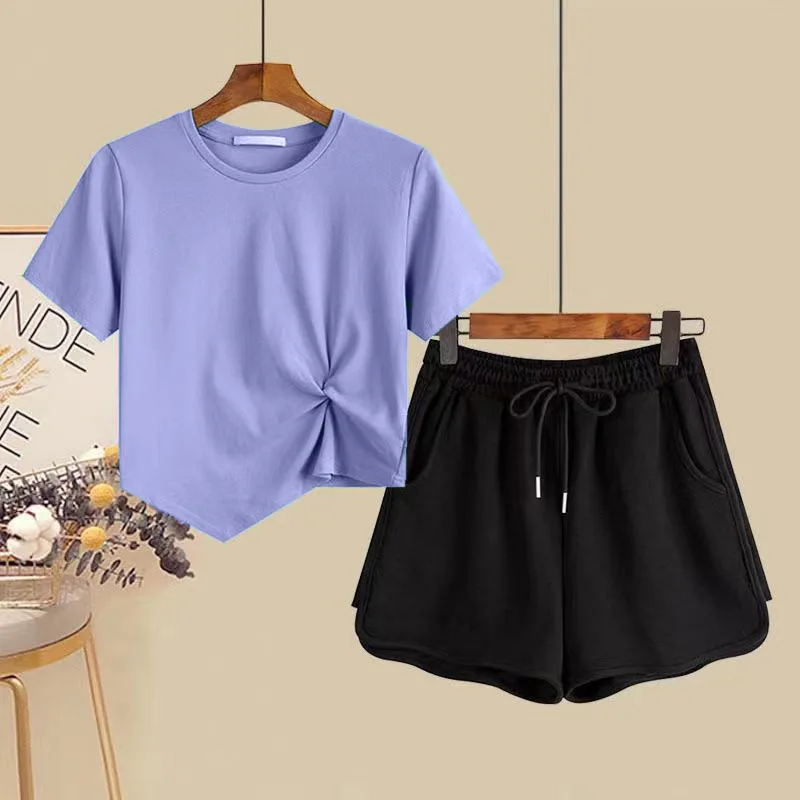 

Women's Sets Shorts Sleeve T-shirt+High Waist Wide Leg Shorts 2Pcs Suit Solid Color 2023 Summer Female Casual Loose Outfits