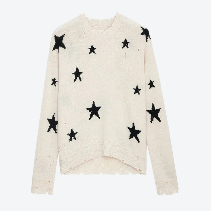 thumbnail image 1 of Suéter Zadig Stars para mujer, suéteres holgados de cachemira beige, jersey informal de manga larga con cuello redondo, jerséis elegantes con bordes rasgados, 1 of 5