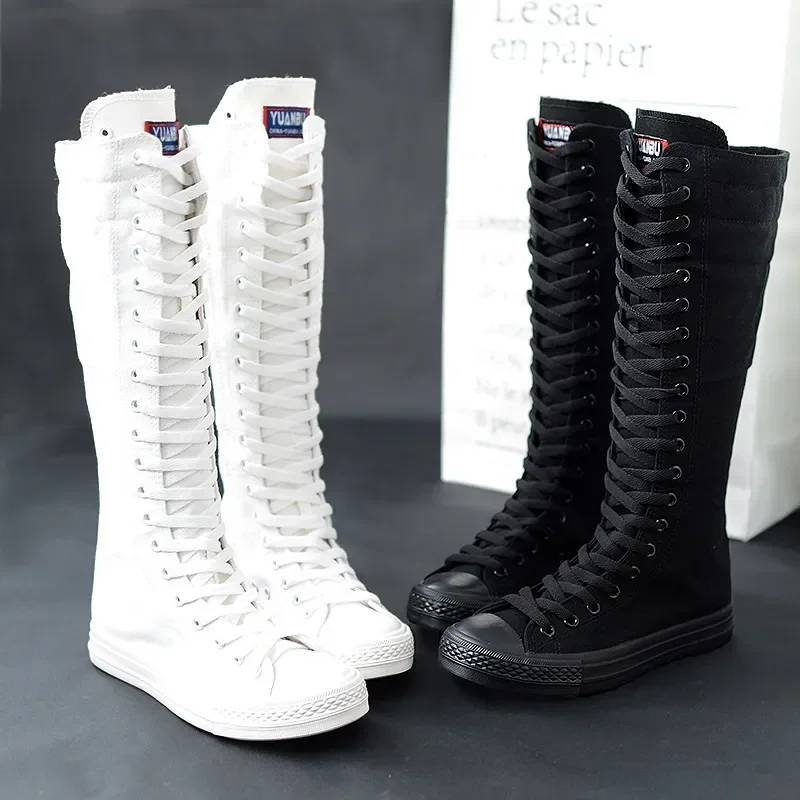 

Women Shoe Canvas Spring Autumn Casual High Top Shoes Long Boot Lace-Up Zipper Comfortable Flat Boot Sneakers Tenis Feminino