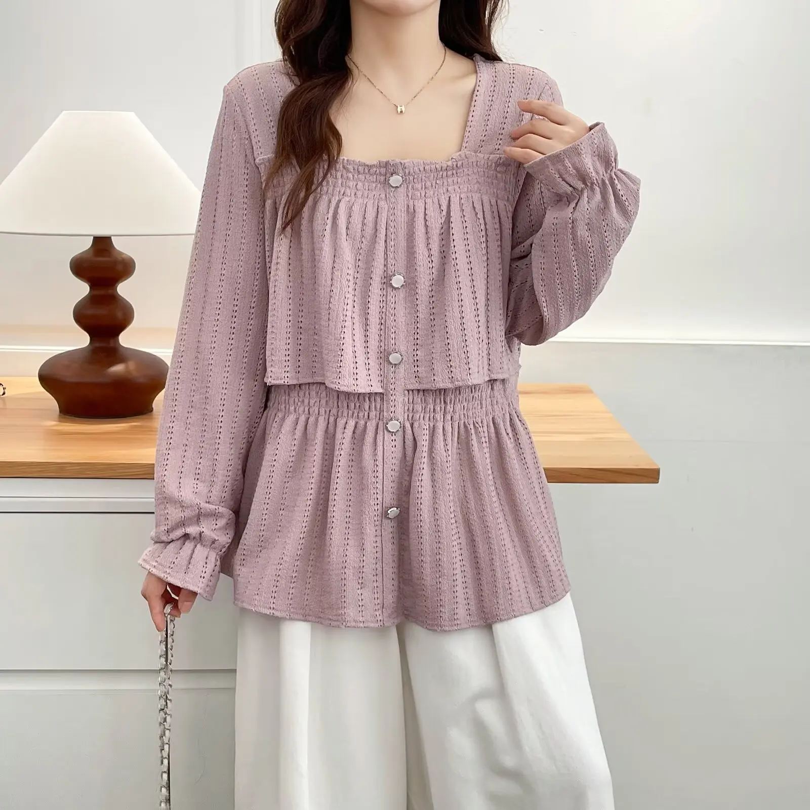 Plus Size Women's Blouses Autumn New Fashionable Square Collar Hollow Out Long Sleeved Shirt 2515