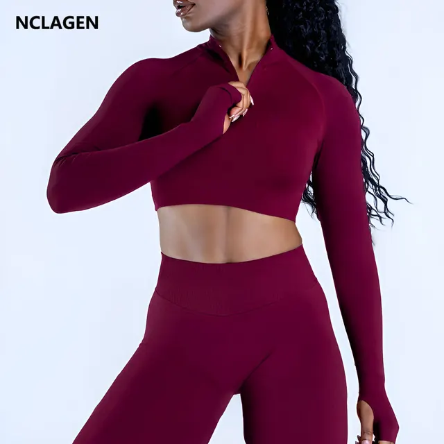 NCLAGEN Impact Crop Zippy haut de fitness à manches longues pour femmes vêtements de gymnastique sans couture course entraînement séchage rapide Pilates sport chemise de yoga 1