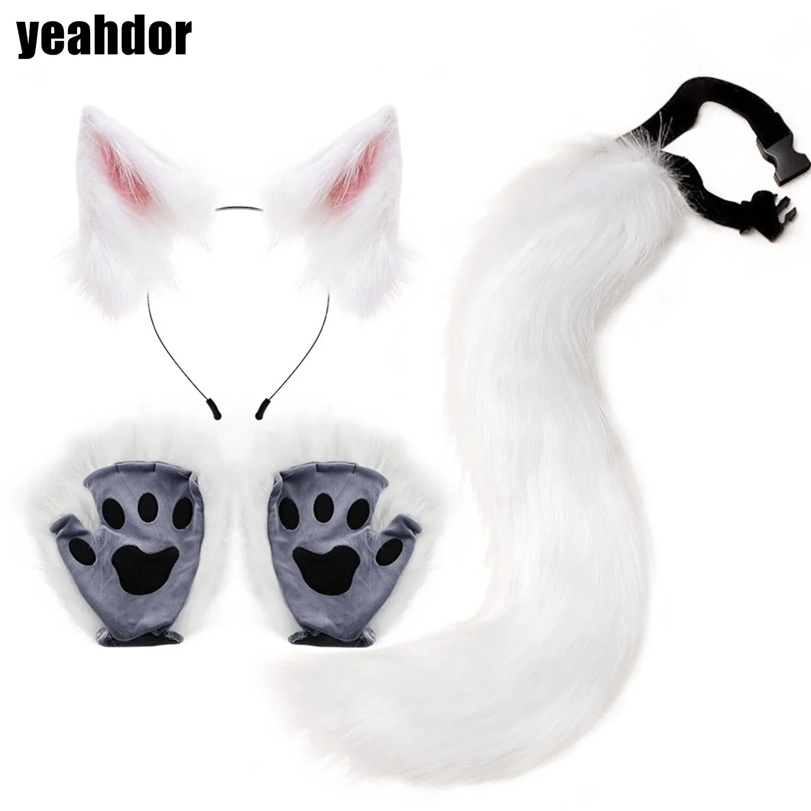

Halloween Dress Up Props Fox Wolf Cat Faux Fur Cosplay Kit Ears Headwear Paw Push Gloves And Tails 3-Piece Animals Anime