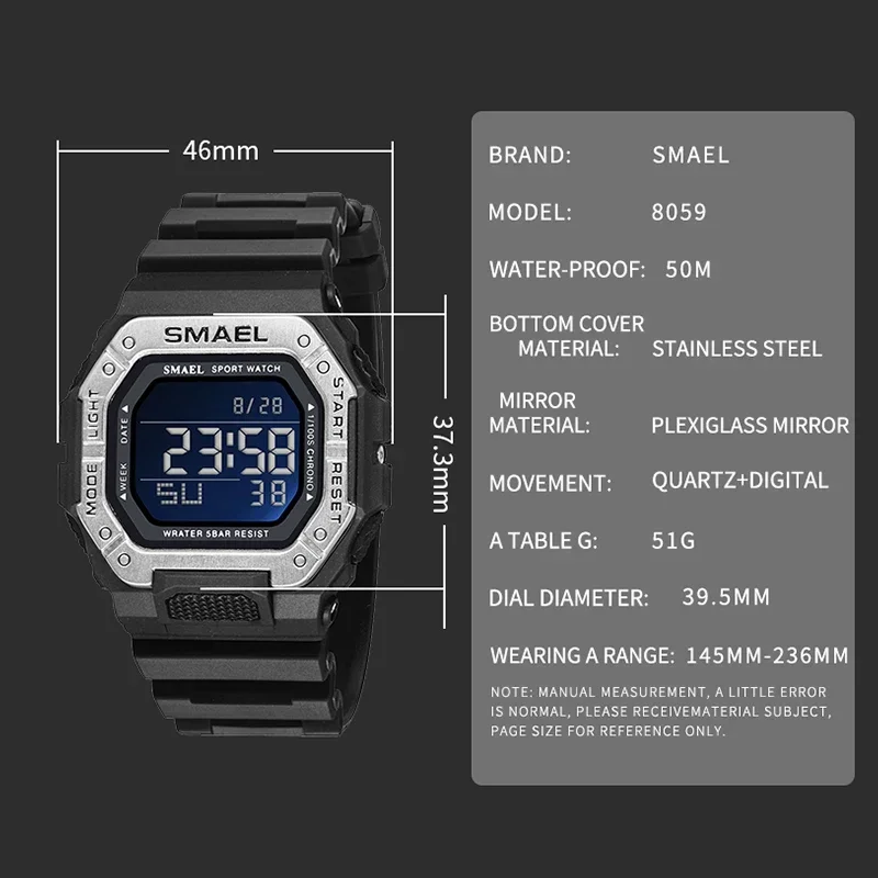 SMAEL 8059 Digital  Brand LED Clock Waterproof Auto Date Military Army Green Square Wristwatches Men Watch Digital Sport Watches 5