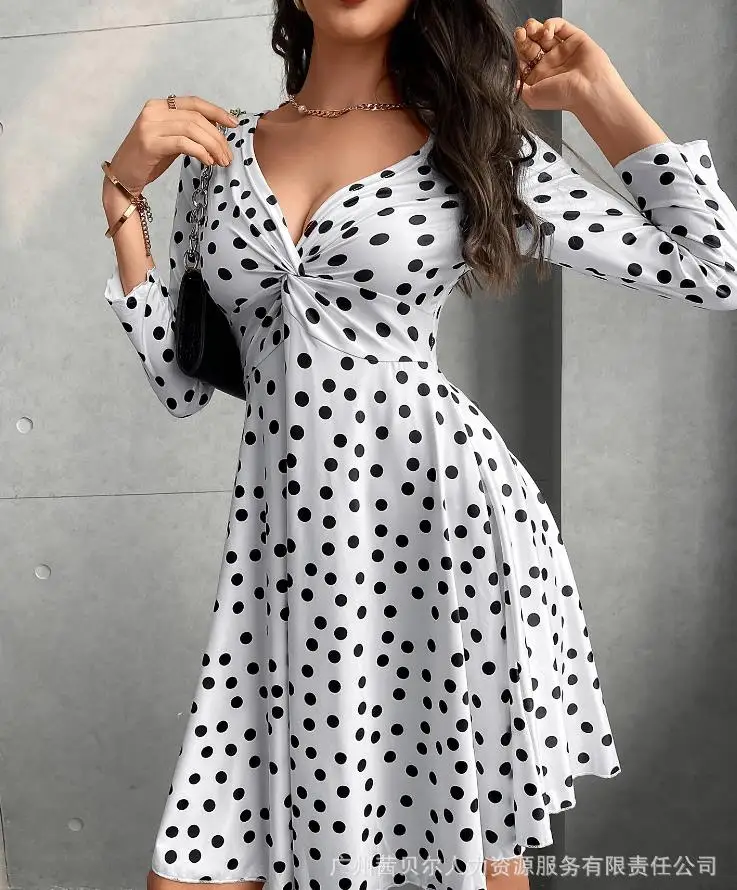 

Dress for 2023 Women Autumn Fashion New Long Sleeve V-Neck White Polka Dot Elegant Casual Mini Dresses Female Skirts