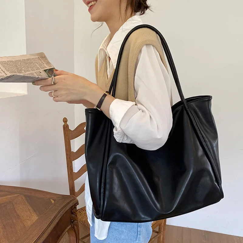 Women Tote Bag Retro Solid Color Underarm Pouch For Student Large Capacity Soft Pu Leather Shoulder Bag Fashion Portable Bucket