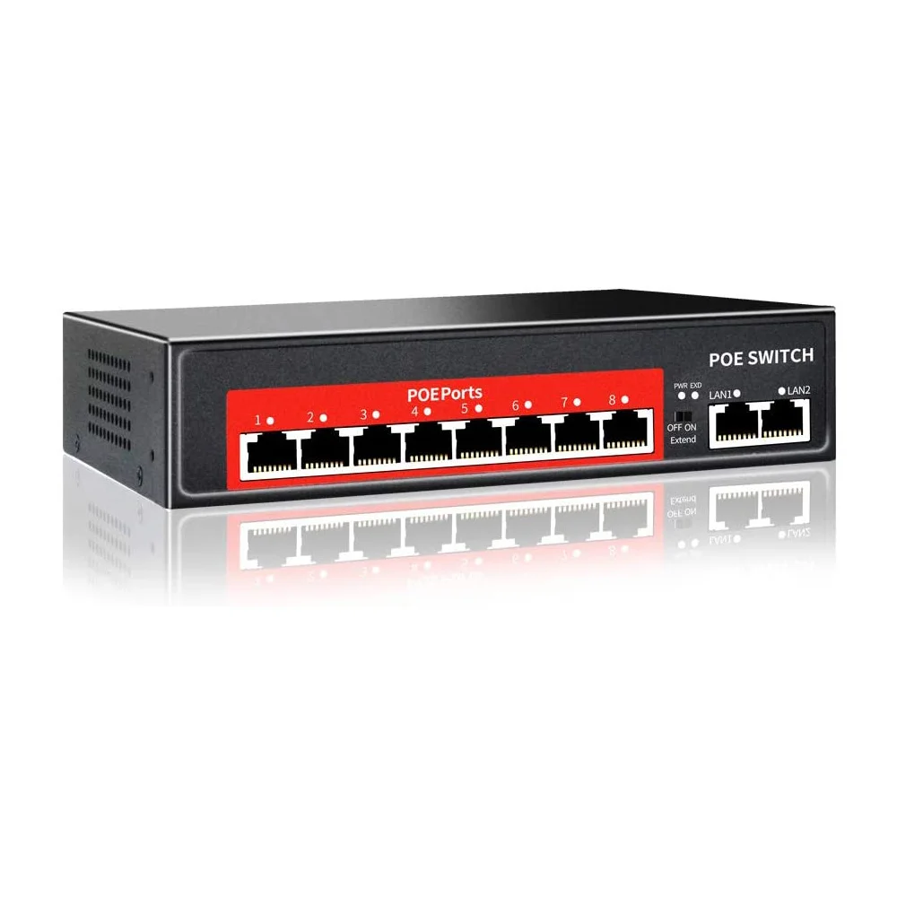 

48V POE Switch with 8 100Mbps Ports IEEE 802.3 Af/At over Ethernet IP Camera/Wireless AP/CCTV Camera System,US Plug