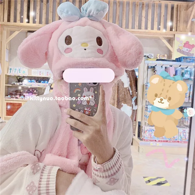 Kuromi My Melody Cinnamoroll Scarf Gloves Hat Coral Fleece Fleece Keep Warm Winter Kawaii One-Piece Cp Hood Plush Gift