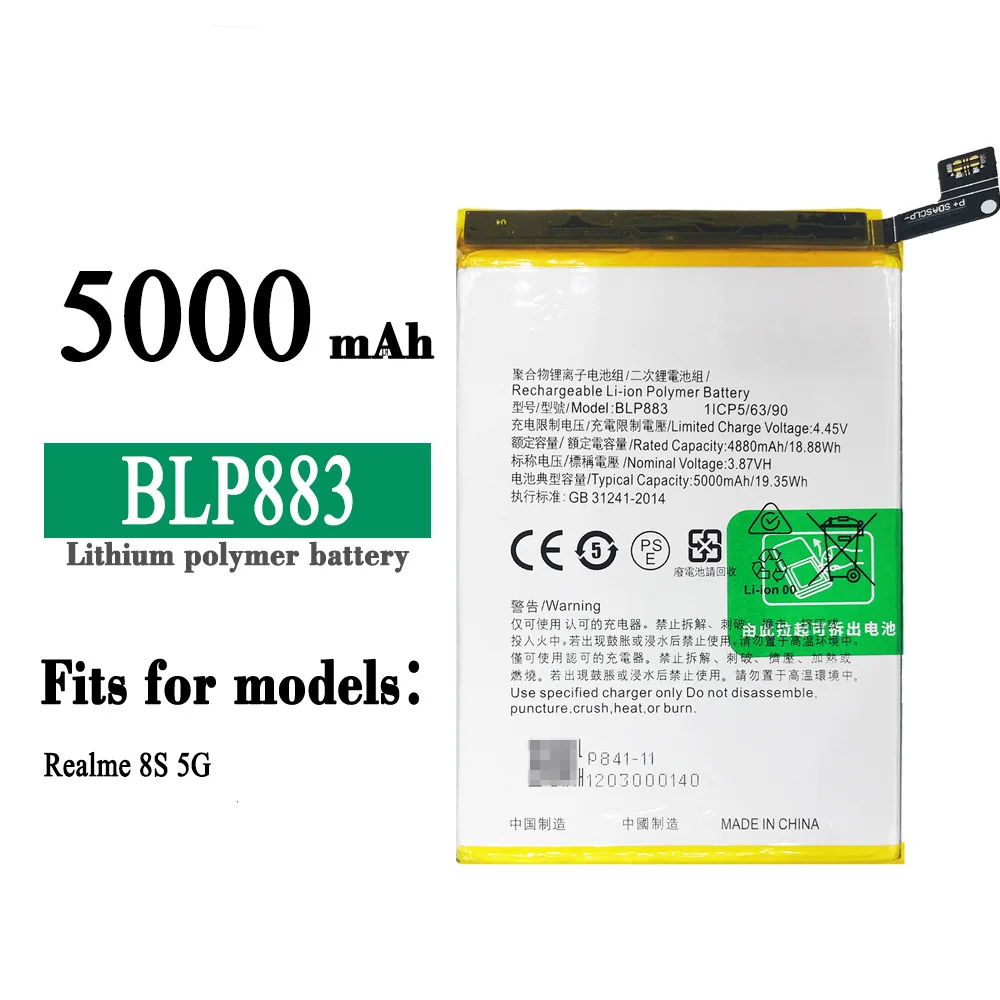 

100% High Quality Replacement Battery For oppo Realme 8S 5G BLP883 5000mAh Mobile Phone Large Capacity New Batteries