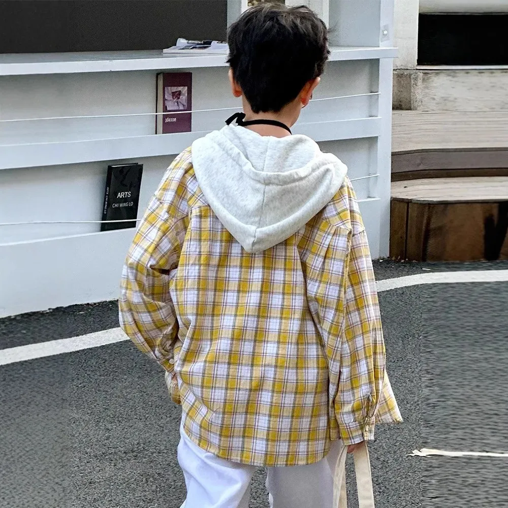 Boys Plaid Shirt with Hood Color Block Stylish Top Korean Version Cross Cultural Children's Clothing from Mainland China