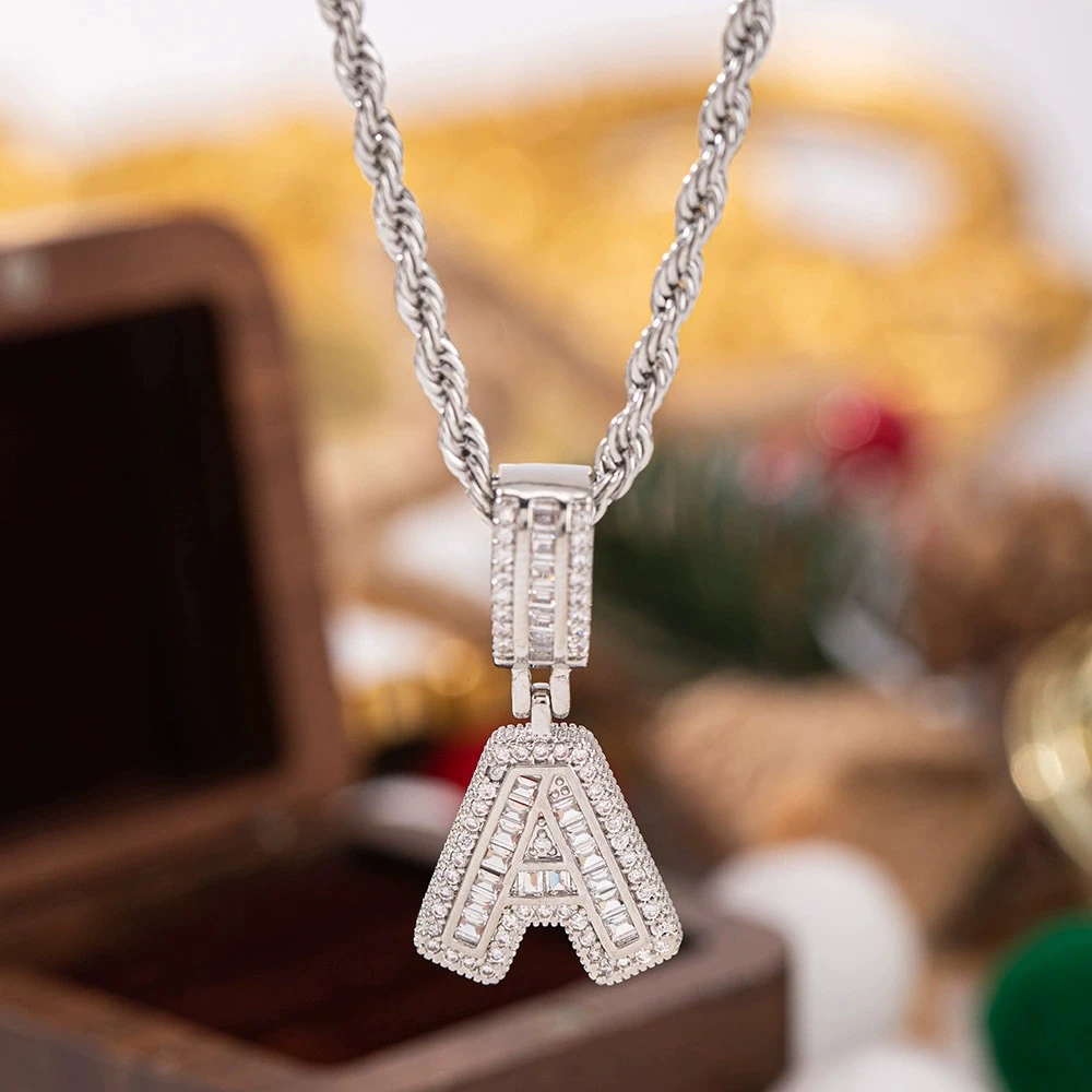 Hip Hop 26 Letters A-Z Pendant White Zircon Full Stone Necklaces For Women Silver Color Chain Wedding Jewelry Mother’s Day Gifts