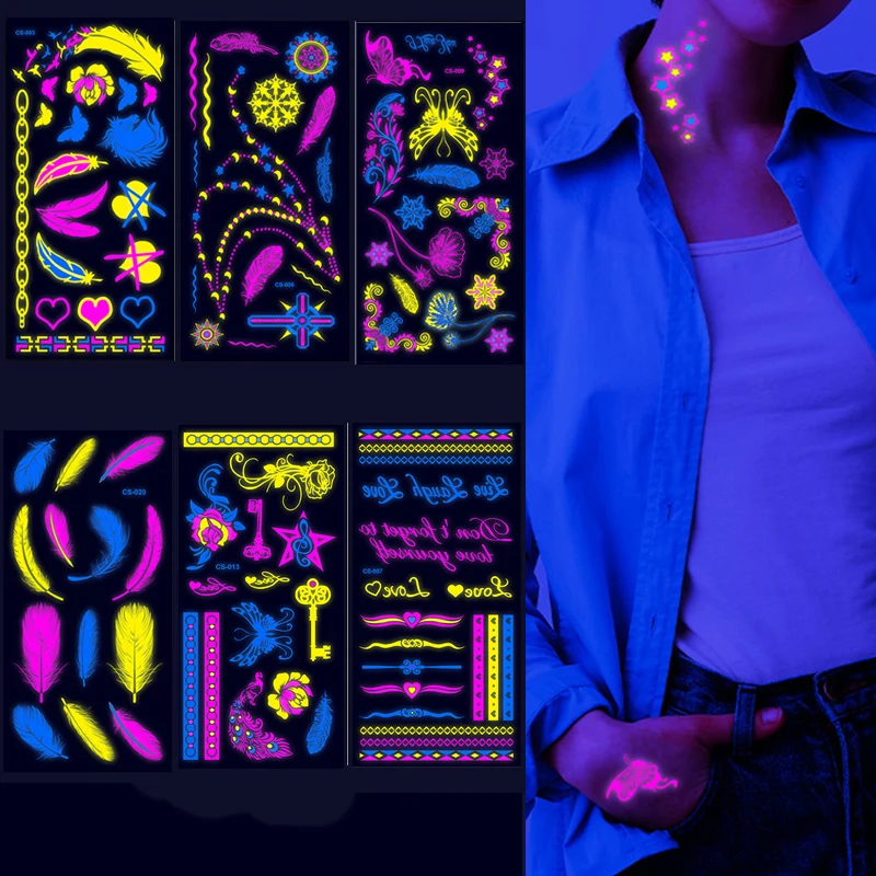 

Colorful UV Light Temporary Tattoo Stickers Luminous Festival Party Carnival Body Sticker Decoration Waterproof Tattoos