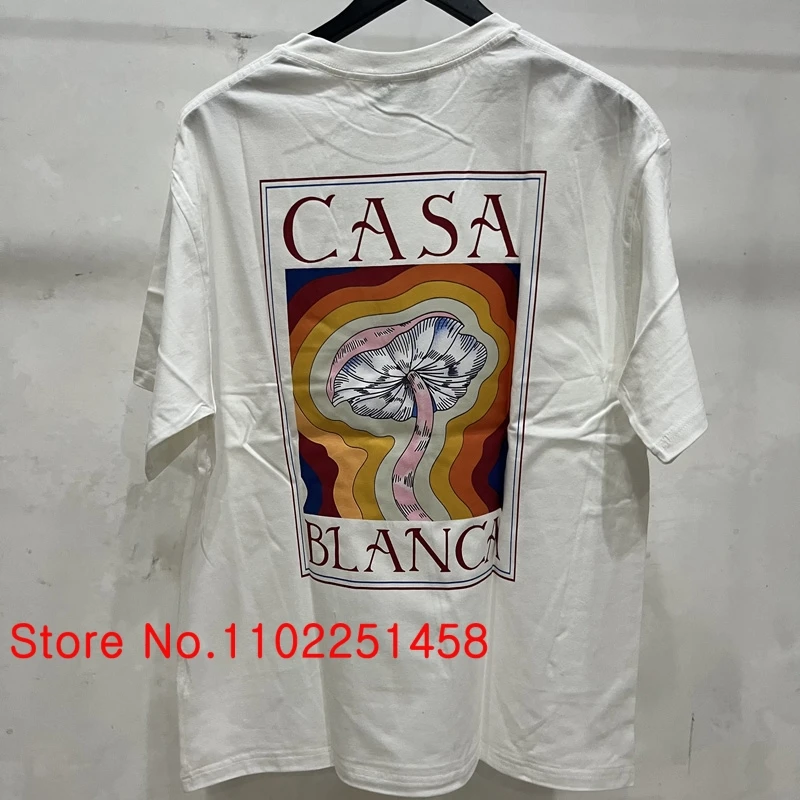 

Новые высококачественные футболки с коротким рукавом в стиле Касабланки, Повседневная Свободная футболка с принтом радуги и грибов для мужчин и женщин