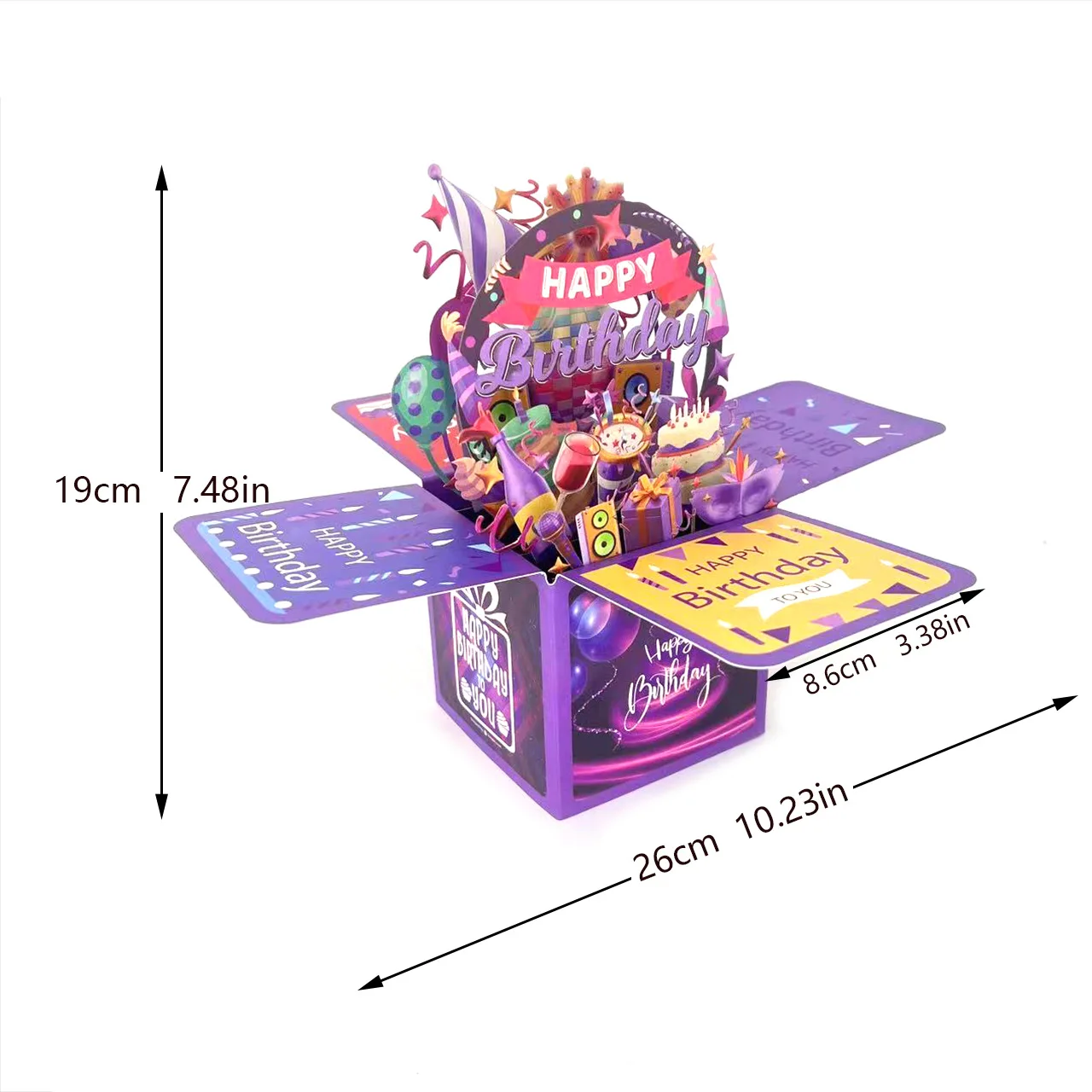 Purple Birthday Greeting Card 3D Pop Up Card Box with Envelope Happy Birthday Wishes Postcard Best Gifts for Kids Friends Mom