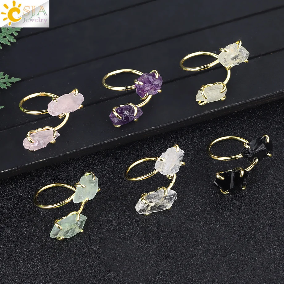 CSJA Irregular Crystal Open Ring Healing Natural Amethysts Citrine Double Gems Stone Claw Finger Rings Jewelry Accessories H584 2