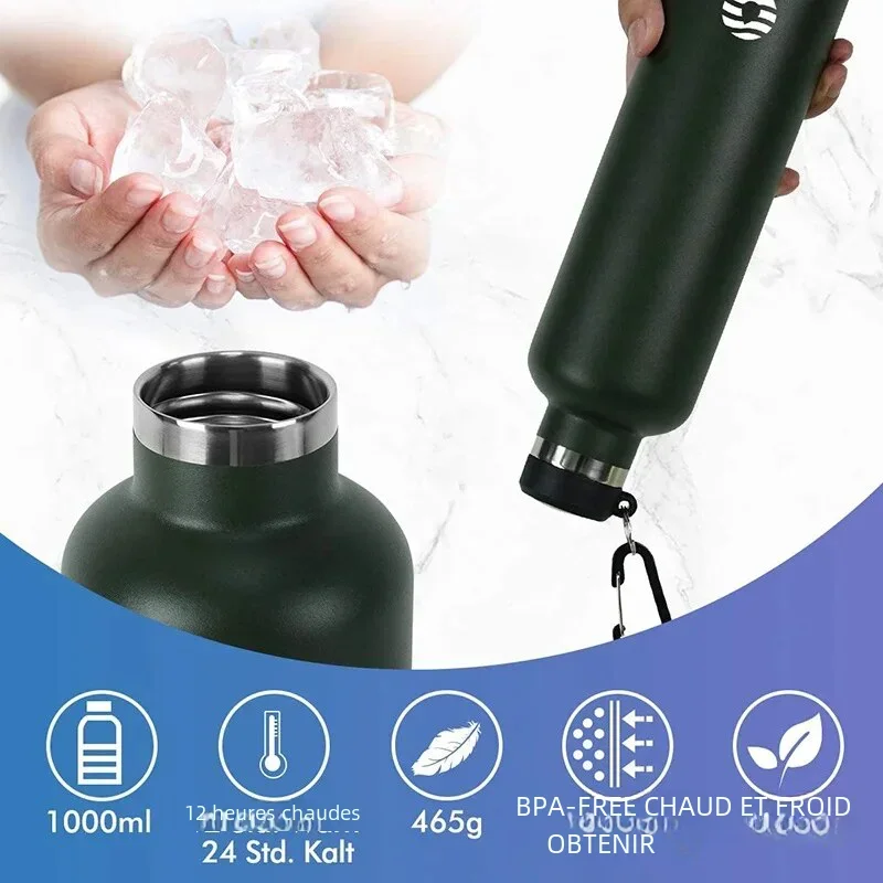Gourde Isotherme 1000 Ml – Acier Inox 18/8 – Sans BPA – Garde Le Chaud 12h Et Le Froid 24h – Avec Paille Et 2 Bouchons - 9