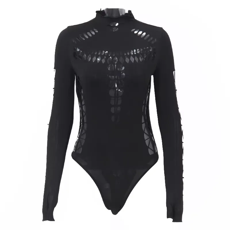 RORORIRI Сексуальне жіноче чорне боді Dark Punk Hollow Out High Cut Stretchy Mock Neck Fitted Long Sleeve Top Gothic Alt Streetwear