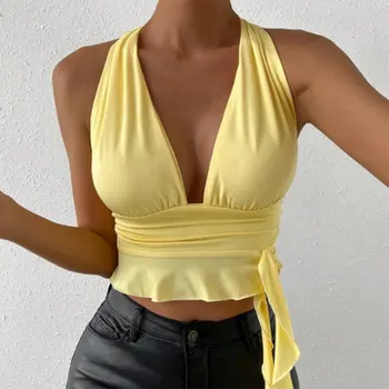 Women's Sexy Tight Fitting Deep V-neck Pleated Top Tight Fitting 2024 Spring Beach Resort Nightclub New Model Women's Sexy Tigh 2