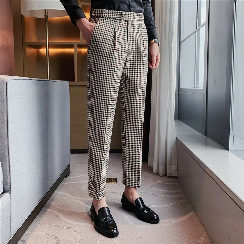 High Quality Plaid Suit Pants for Men 2023 Autumn Belt Decoration