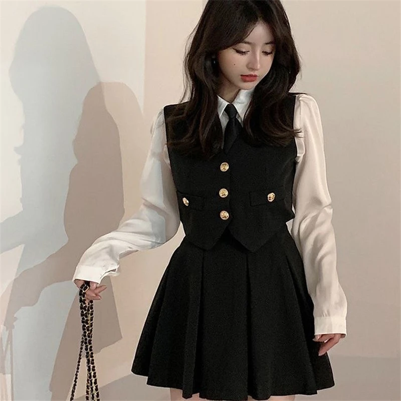 

Spring Autumn Preppy Style Tie Vest Black Suit Women's 4-Piece Set Korean American Hot Girls Online Celebrities JK Uniform Set