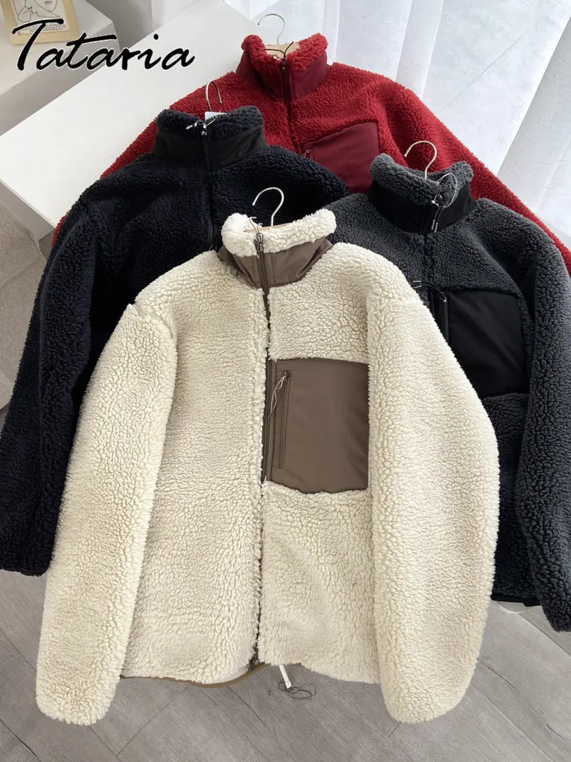 

Boyfriend Style Women's Winter Jacket with Lamb Fleece Casual Zip-Up Windproof Warm Quilted Coat for Women Beige Fleece Outwear