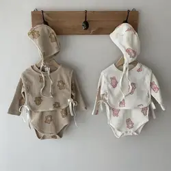 Body à manches longues, gilet et chapeau pour bébé de 0 à 24 mois, 3 pièces, vêtements ours de dessin animé, mignon, imprimé lapin, nouvelle collection printemps 