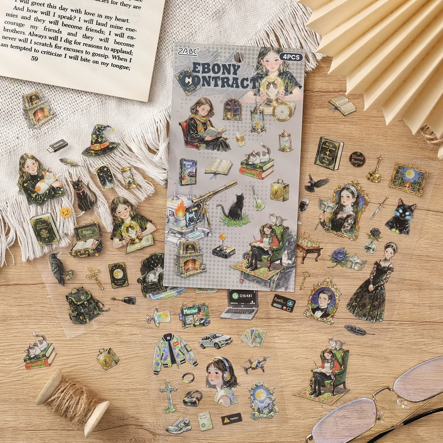 4개입 빈티지 캐릭터 & 고양이 테마 DIY 저널 콜라주 베이스 장식 스티커 (스크랩북킹, 다이어리, 플래너용)