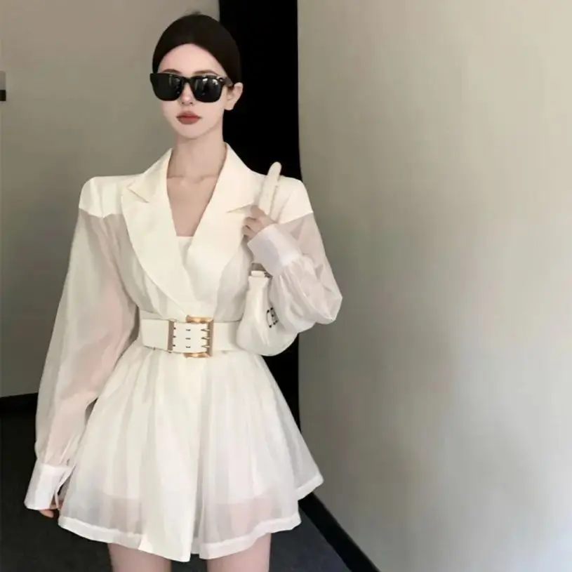 Blazers Breathable Mesh Patchwork Belt Women Korean White Coat Loose Thin Suit Jacket Sense Of Luxury Female Long Sleeve Tops