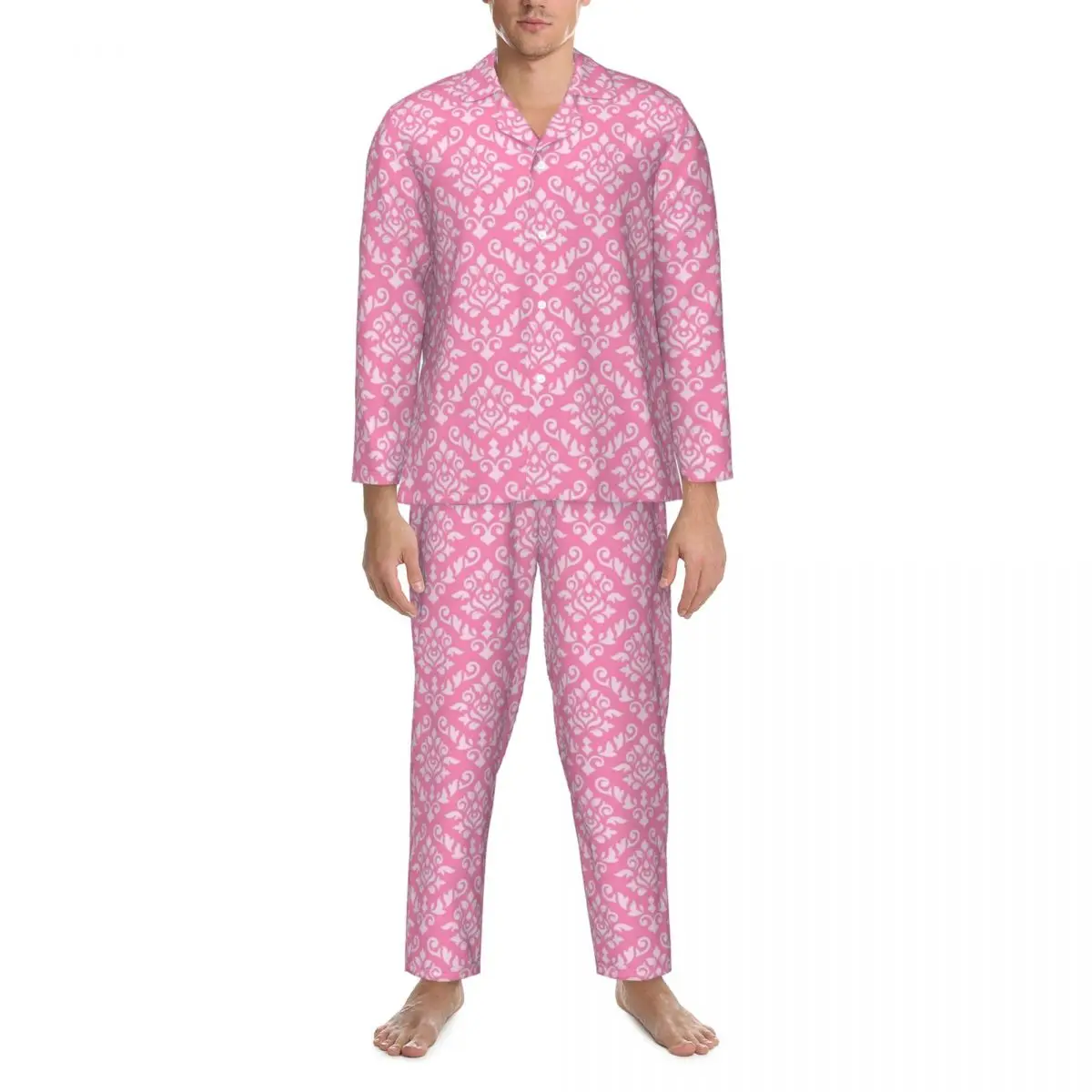 

Damask Baroque Print Sleepwear Autumn Pink And White Casual Oversize Pajama Sets Male Long Sleeve Comfortable Leisure Nightwear