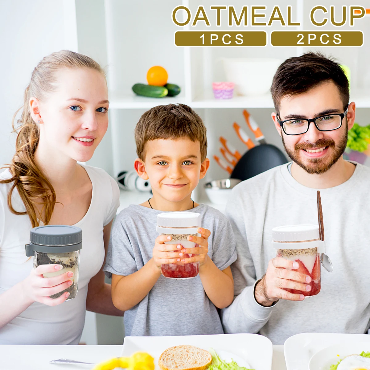 1/2Pcs Breakfast Cup Container 10oz Airtight Oatmeal Jar with Cover and Spoon Portable for Salads Cereal airtight oatmeal jar