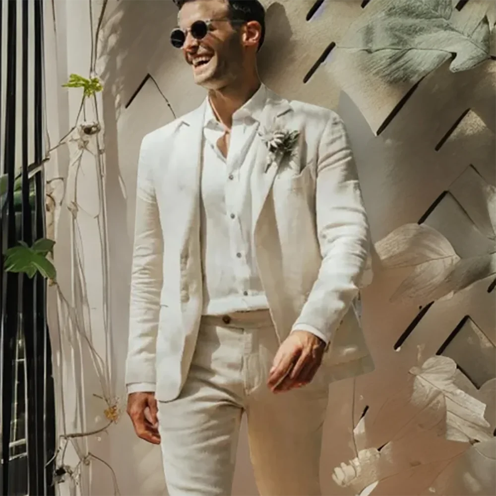 Summer Beach Casual Linen Costume Homme Wedding Slim Fit Men Suits Masculino Terno Tuxedo Groom Prom Blazer 2 Pcs Jacket+Pant