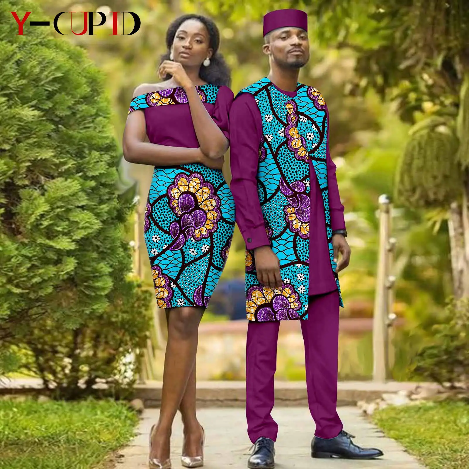 African Couple Matching Clothes Dashiki Women Dresses Bazin Riche Men 4 Pieces Suit Print Vest Top and Pant Hat Sets Y23C081