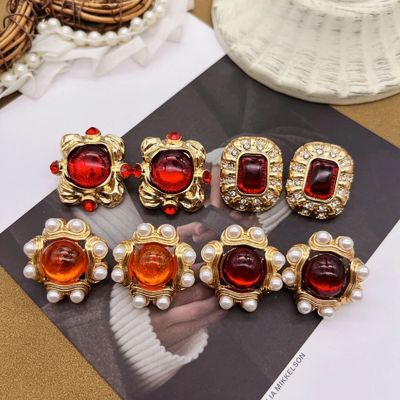 

Vintage Red Colors Earrings Rhinestone Imitation Pearls Fashion Geometry Femme Jewelry