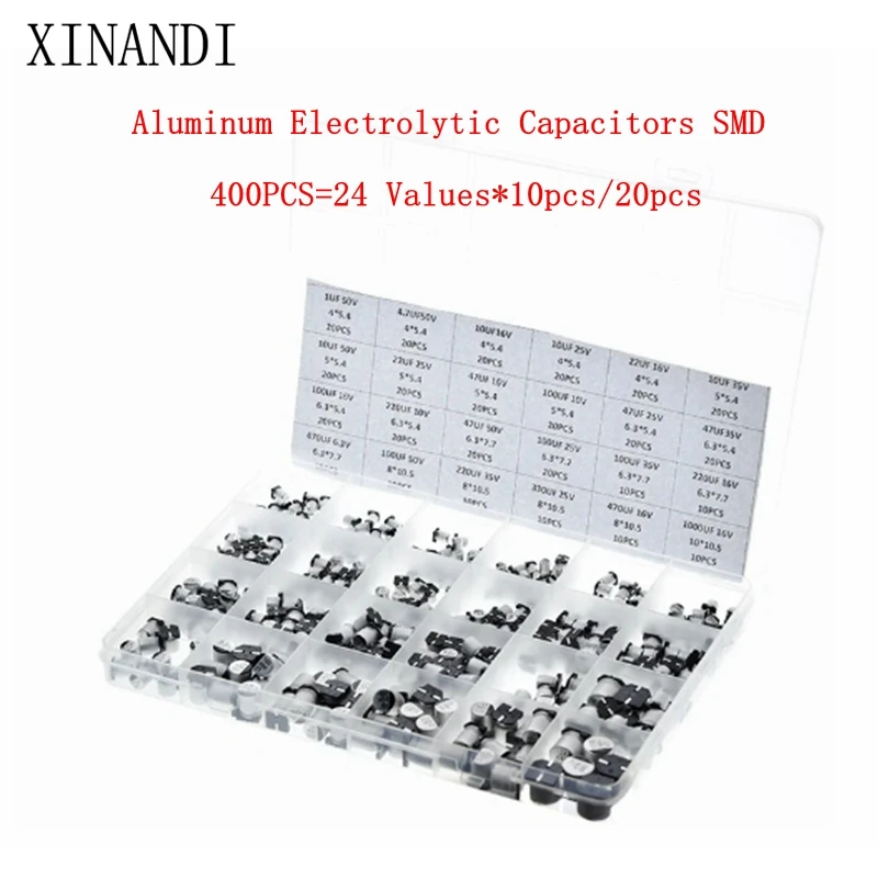 

Aluminum Electrolytic Capacitors SMD Assortment Kit 400Pcs 24Value SMD 1uF~1000uF 6.3V-50V 24Value with box